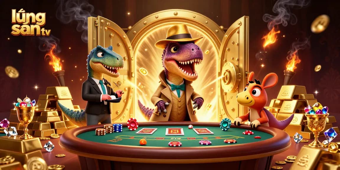 Lương sơn tv features a cartoon velociraptor at a blackjack table with treasure and gems surrounding