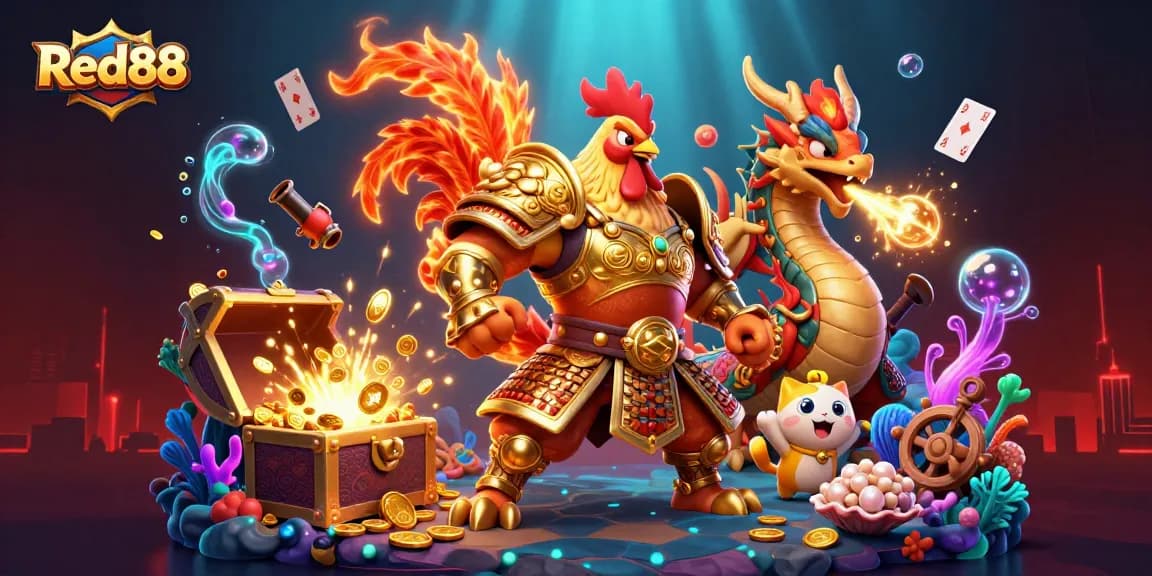 Experience Red88's thrilling gaming adventure with a fighting rooster and armored dragon in action.