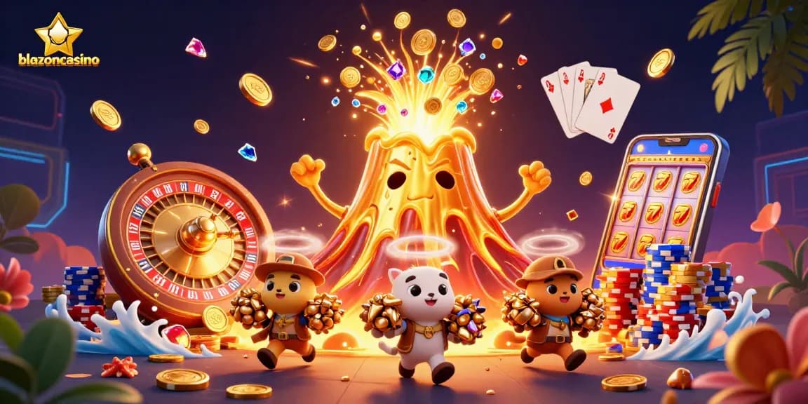 Win big with blazoncasino as a golden volcano erupts coins among excited gamblers and treasures.