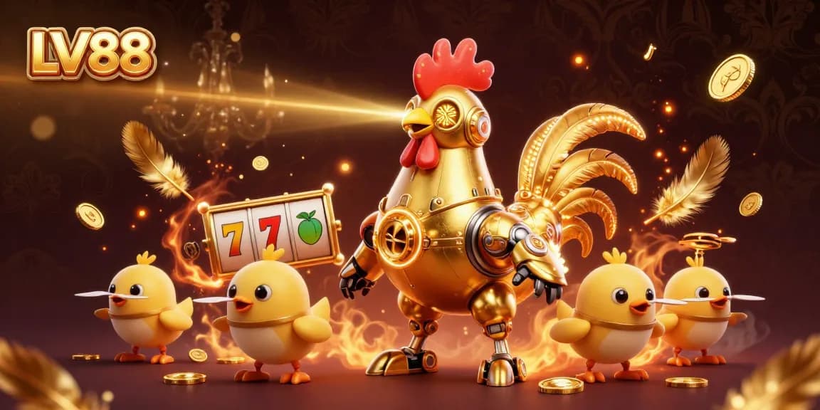 Experience thrilling gaming adventures at LV88 with a dynamic golden rooster robot and animated energy in the casino realm.