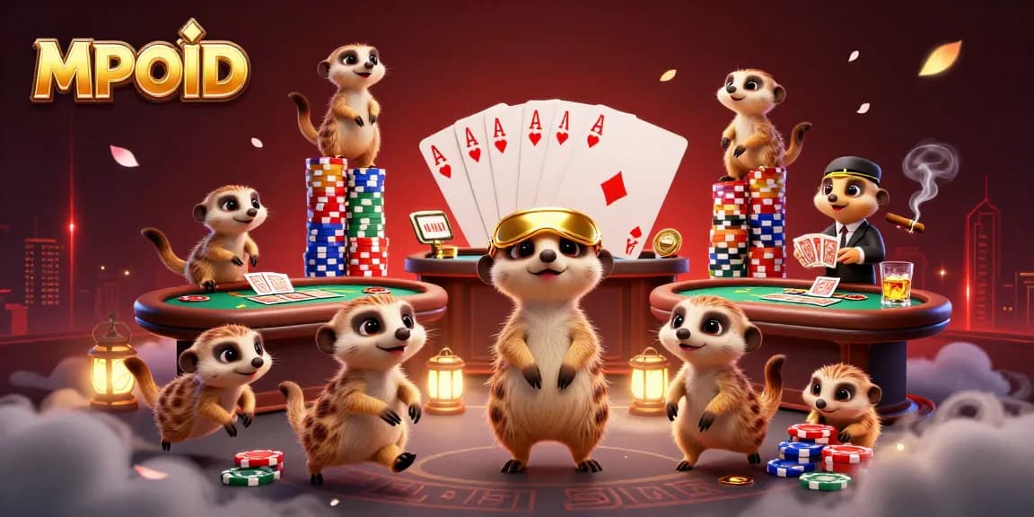 Experience MPOID's thrilling casino action with animated meerkats managing games and sneaking chips.