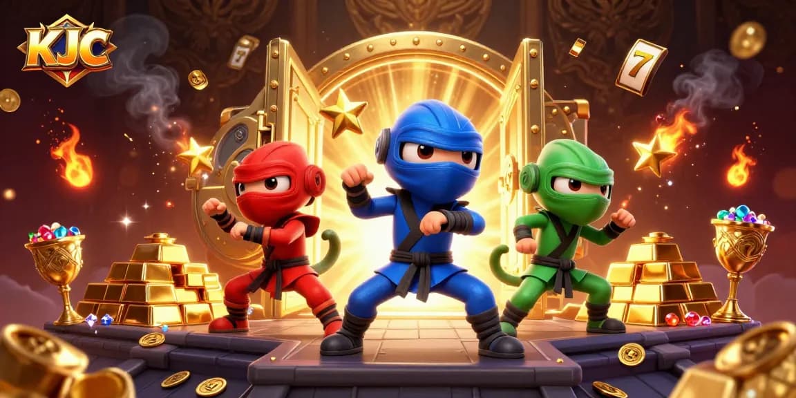 KJC's dynamic ninja chameleon team showcases thrilling synchronized martial arts surrounded by gold treasures.