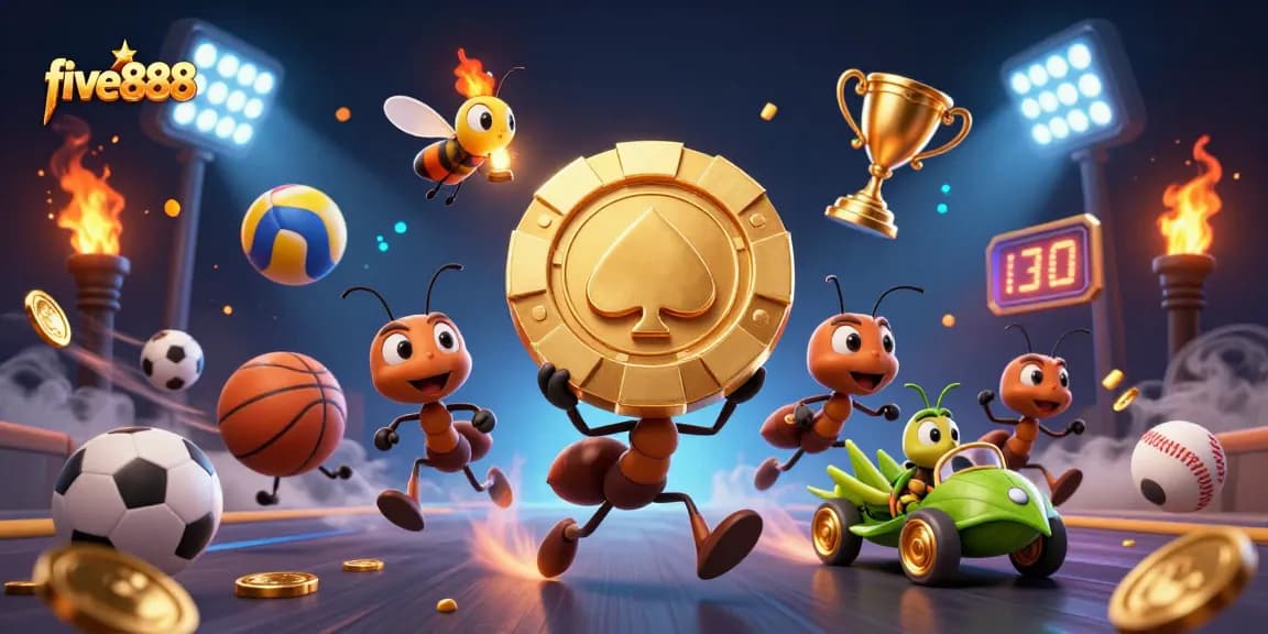 five888 ants executing a heist with a huge poker chip in a wild casino adventure