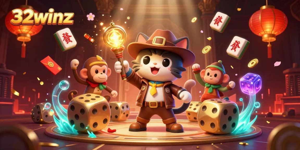 Engage with 32winz as the explorer cat uncovers a golden casino artifact amidst vibrant decorations and jackpots.