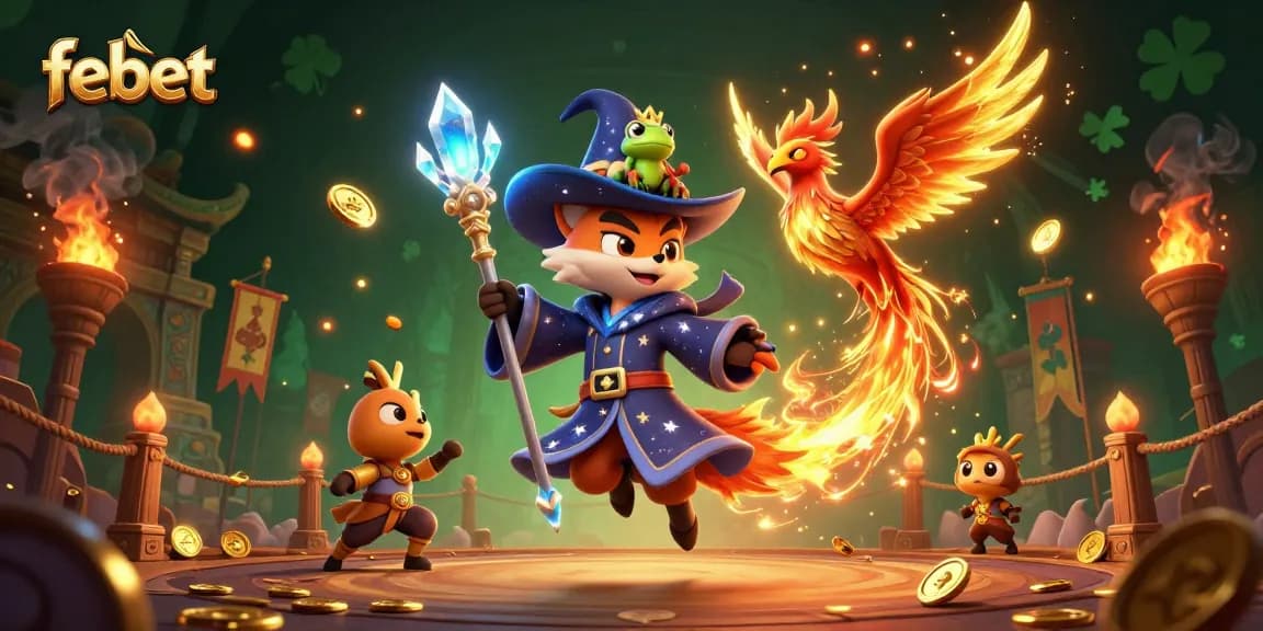 Experience thrilling gambling at febet with a vibrant casino scene featuring magical characters.
