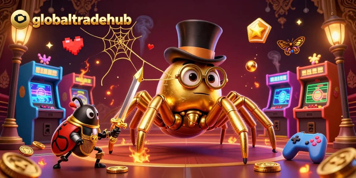 Experience globaltradehub's thrilling 3D casino adventure with a golden tarantula, heroic beetle, and arcade games.