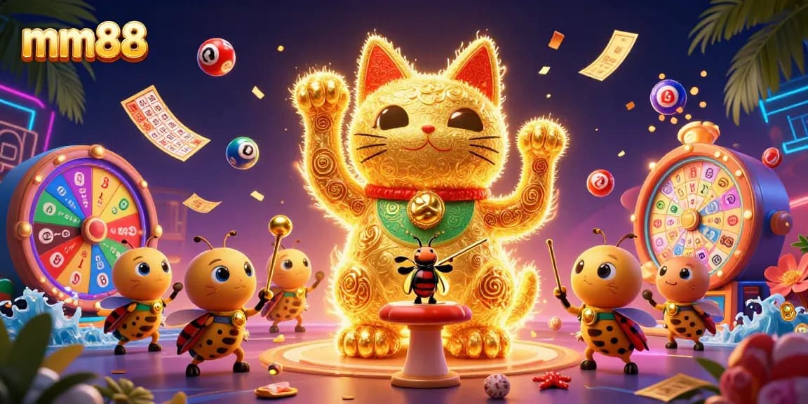 Experience thrilling gameplay at mm88 with a dynamic illustration of a lucky cat and vibrant game elements.