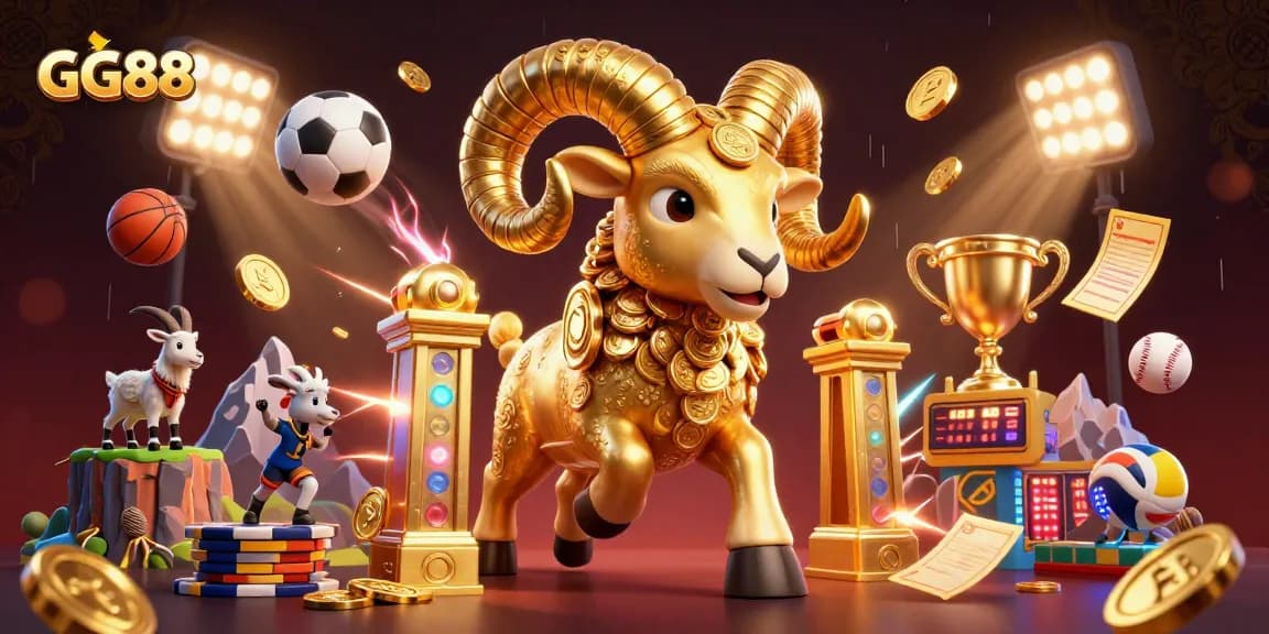 Win big with GG88 at this vibrant gambling illustration featuring dynamic sports elements.
