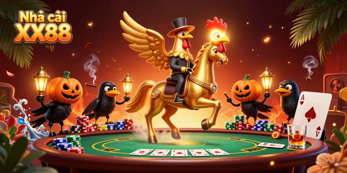 Enjoy thrilling games at Nhà cái XX88 while witnessing a spectacular golden rooster riding through a vibrant casino scene.
