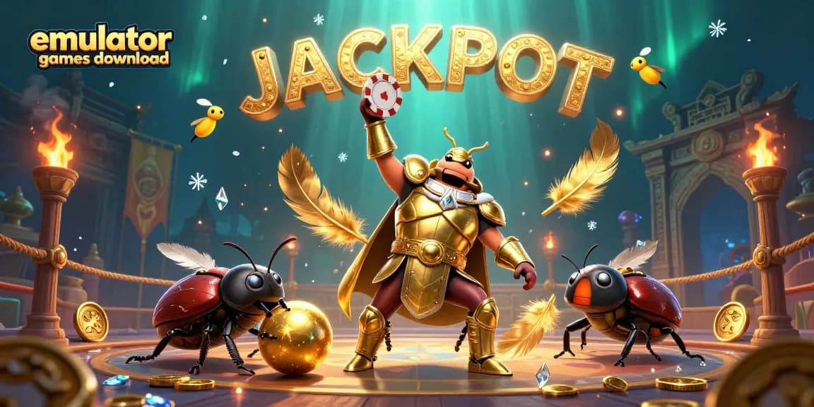 Experience the excitement of emulator games download, featuring a victorious beetle, golden tokens, and fireflies spelling JACKPOT.