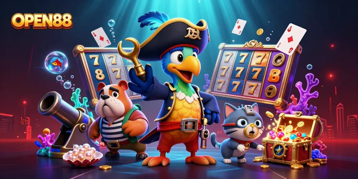 Open88 showcases an exciting cartoon scene with a pirate captain and gambling elements, celebrating fun and fortune.