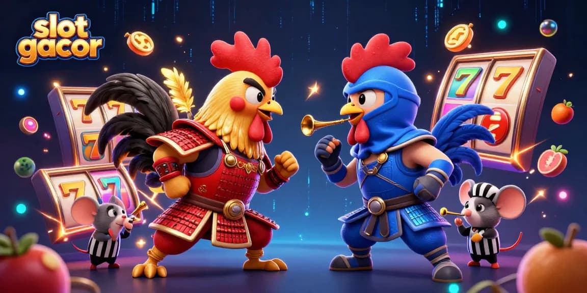 Experience thrilling action in the 'slot gacor' arena, featuring dynamic roosters and vibrant slot game elements.