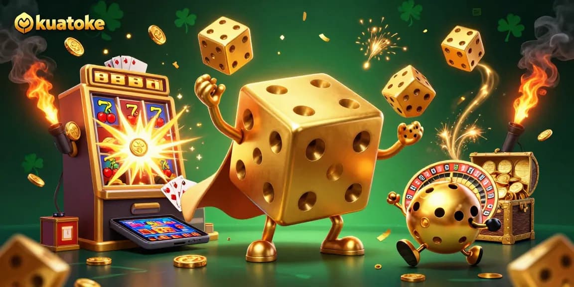 Kuatoke gaming scene with vibrant slot machines and golden dice, immersing players in casino excitement.
