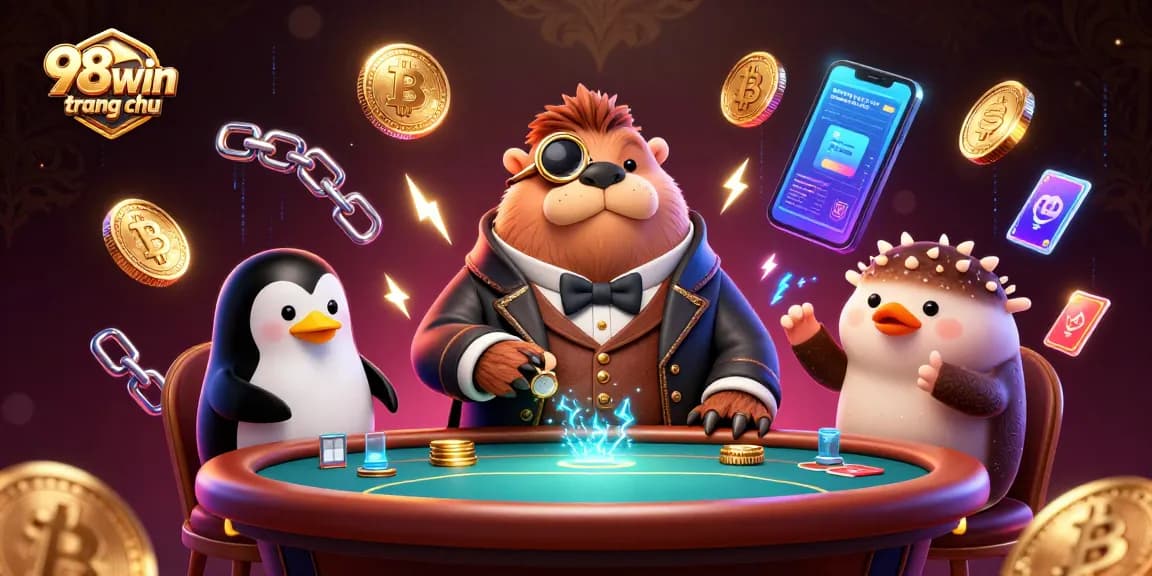 Engage with 98win trang chu in an underwater poker game environment, featuring a jolly walrus and dynamic crypto elements.
