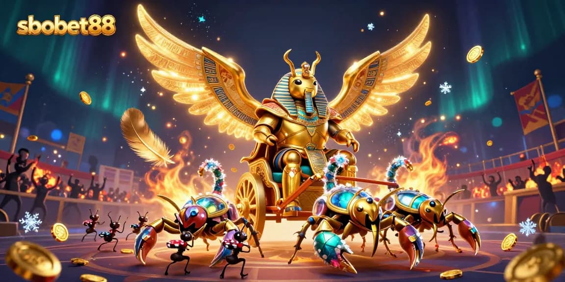 SboBet88 sports betting action with a golden scarab beetle, jewel-encrusted scorpions, and poker chips amidst a vibrant stadium atmosphere.