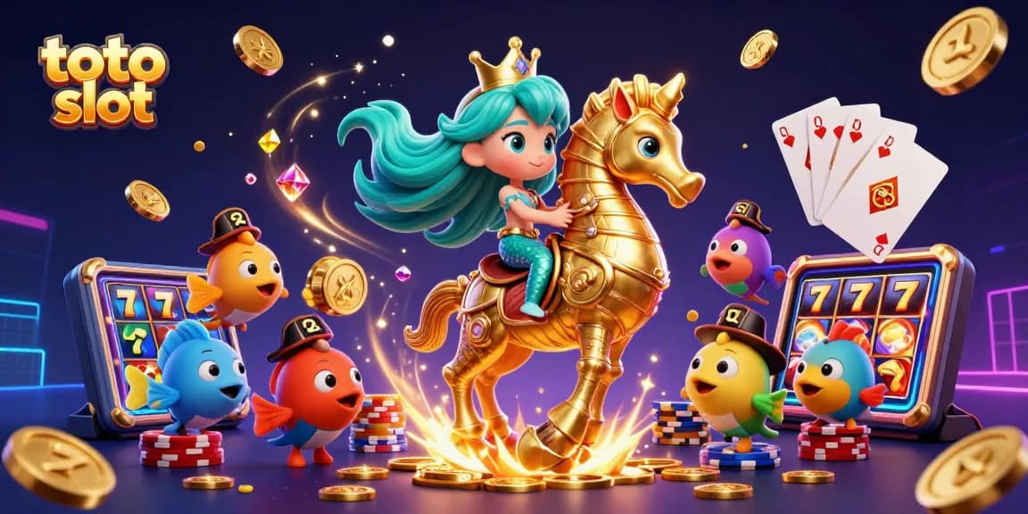 Gambarlah permainan slot toto dengan karakter putri duyung dan kuda laut berlapis emas.
