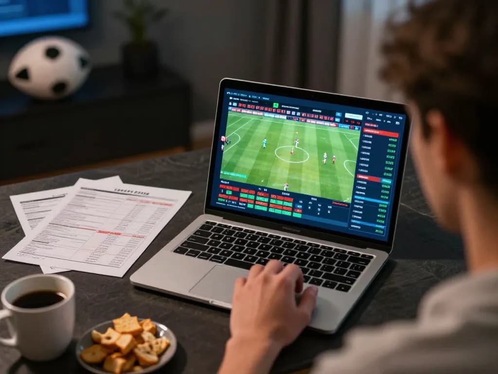 Engaging scene of a player using an nk88 link for real-time sports betting, laptop displaying match details, surrounded by betting materials.