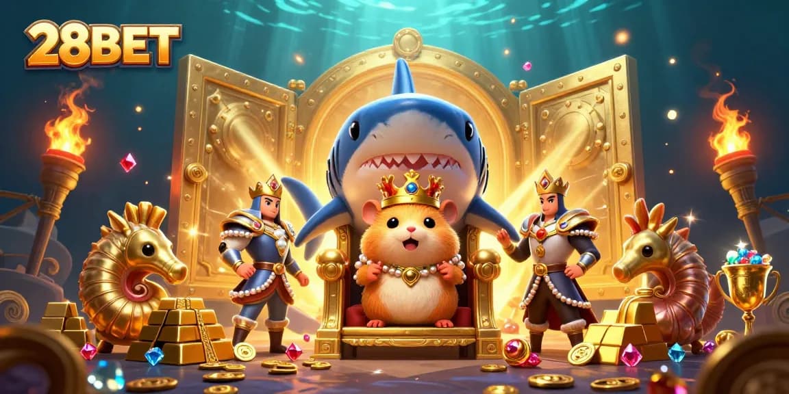 Experience the thrill of 28BET with the golden hamster king and treasure in a vibrant underwater casino.