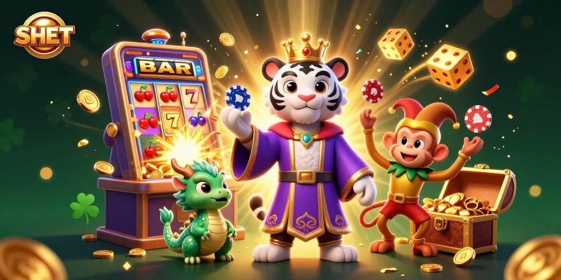 Engage with SH BET's vibrant casino scene featuring a royal tiger, jester monkey, and dynamic game elements.