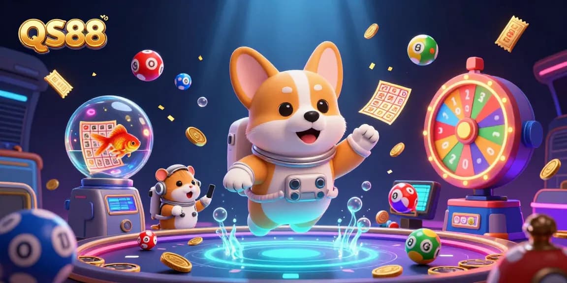 Experience thrilling gaming action at QS88 casino with colorful lottery balls and characters in a dynamic illustration.