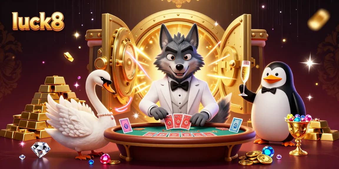 luck8 engages users with a vivid Baccarat scene featuring a debonair wolf, elegant swan, and penguin sommelier