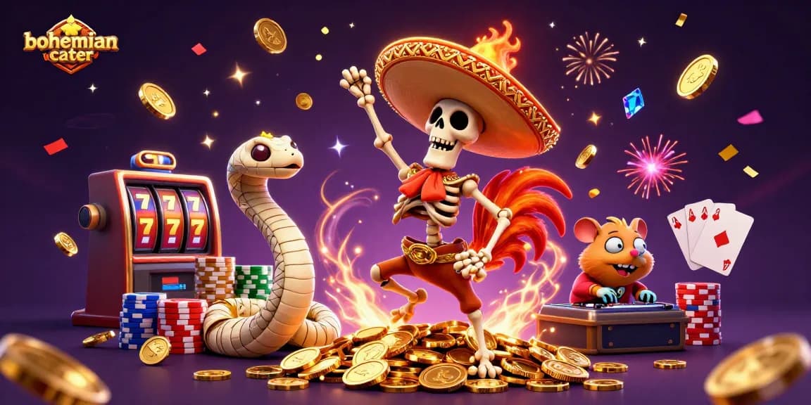 Watch the bohemiancater characters celebrate with a jackpot of cascading coins and vibrant gaming elements.