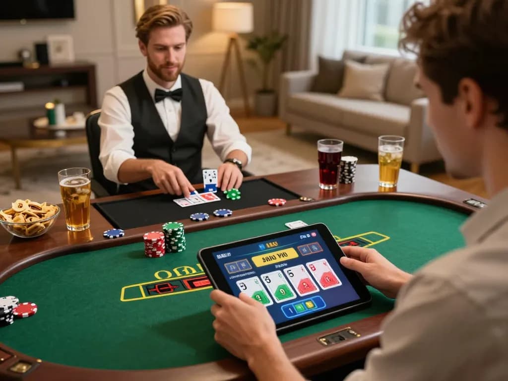 Player in online casino using tablet at home, playing blackjack and enjoying the moment at 789