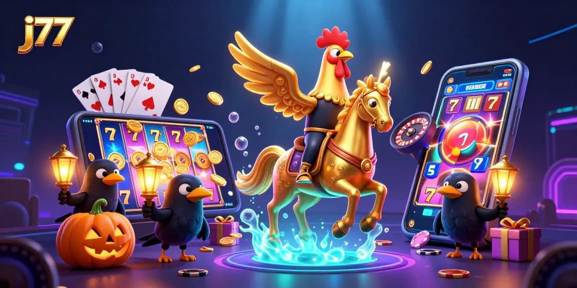 Win big at j77 with a golden rooster and his companions in a vibrant casino scene.