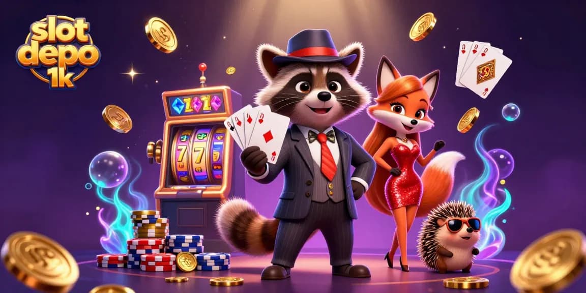 Play exciting games at slot depo 1k with vibrant gambling scene featuring dazzling characters and rich casino elements.