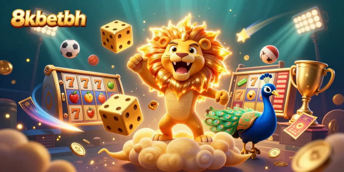 Spin the reels and win big with 8kbetbh in this vibrant casino-themed illustration featuring lively elements.