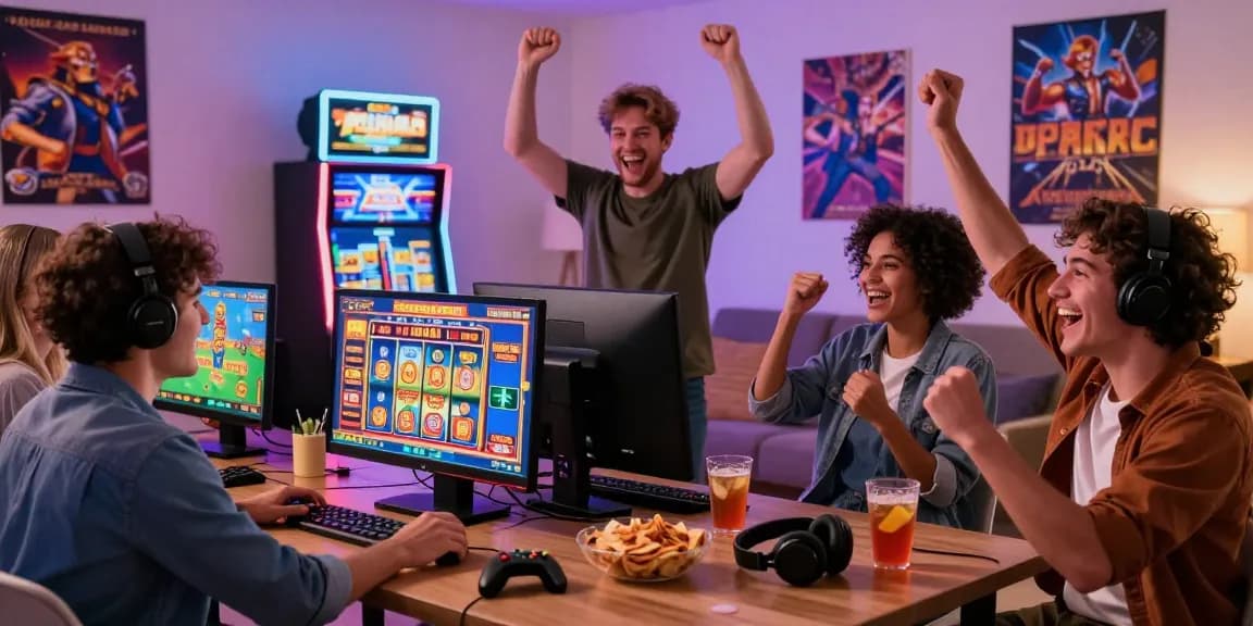 Friends celebrating a big win while playing Daftar Dominobet online games in a cozy living room.