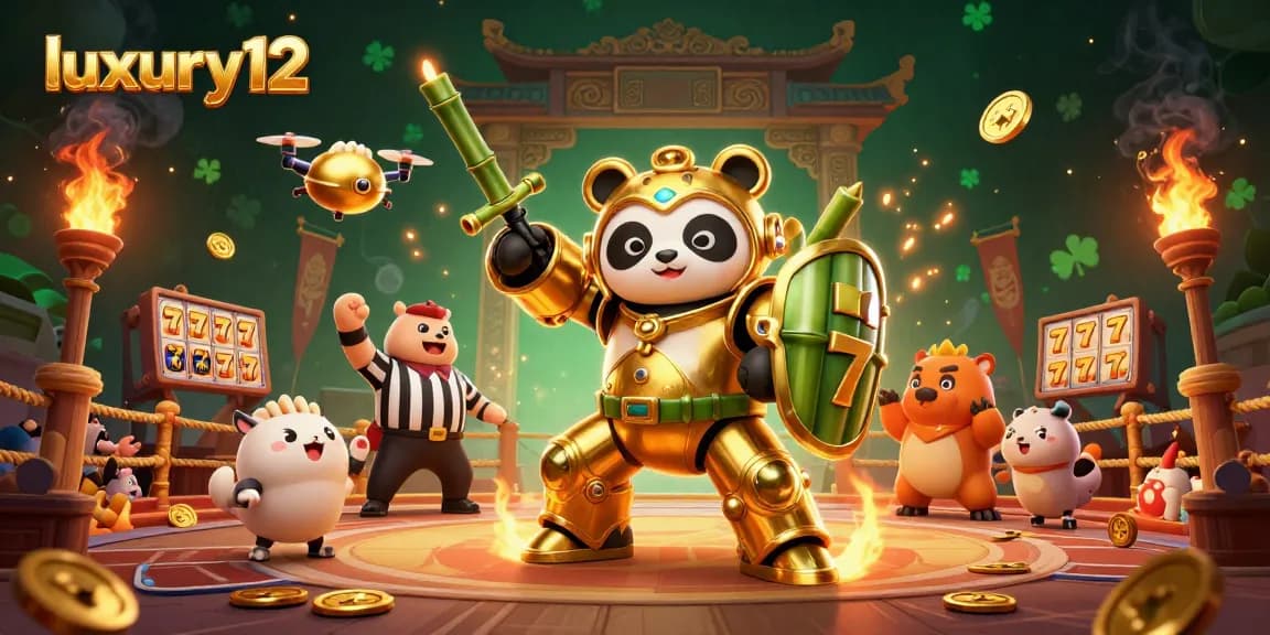 Experience thrilling gameplay at luxury12 with vibrant slot reels and a dynamic panda-themed arena.