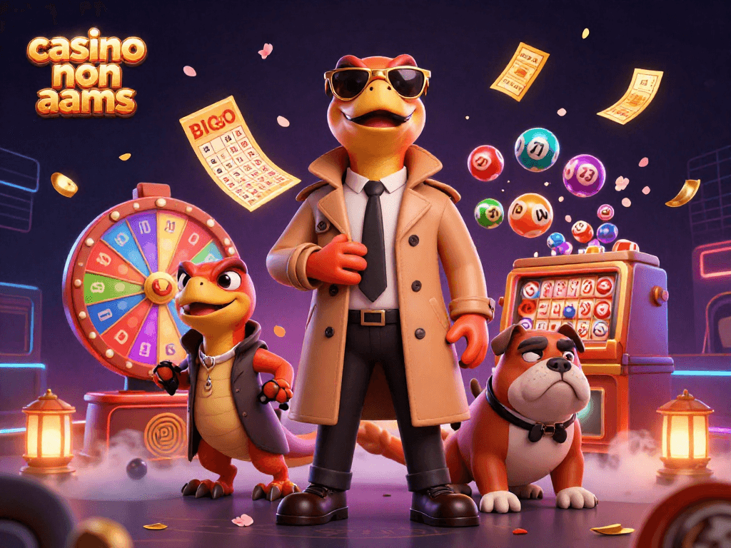 Immagine di tre rapaci in un trench coat che tentano di entrare in un casino non aams, circondati da palloni lotteria colorati.