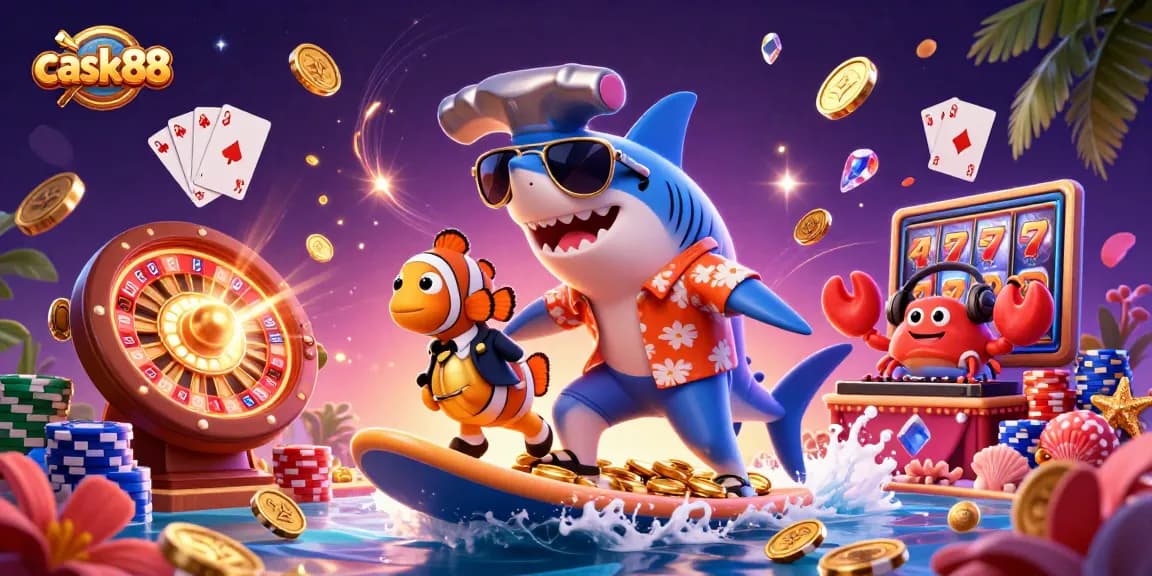Cask88 invites you to witness a vibrant scene of a hammer-head shark surfing on gold coins alongside a tuxedo-clad clownfish and a DJ crab.