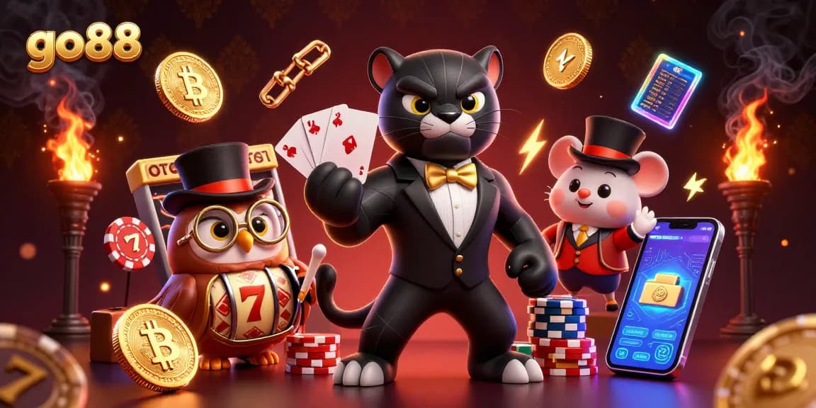 Experience thrilling gaming with go88 through 3D illustrated casino scene featuring charismatic characters.