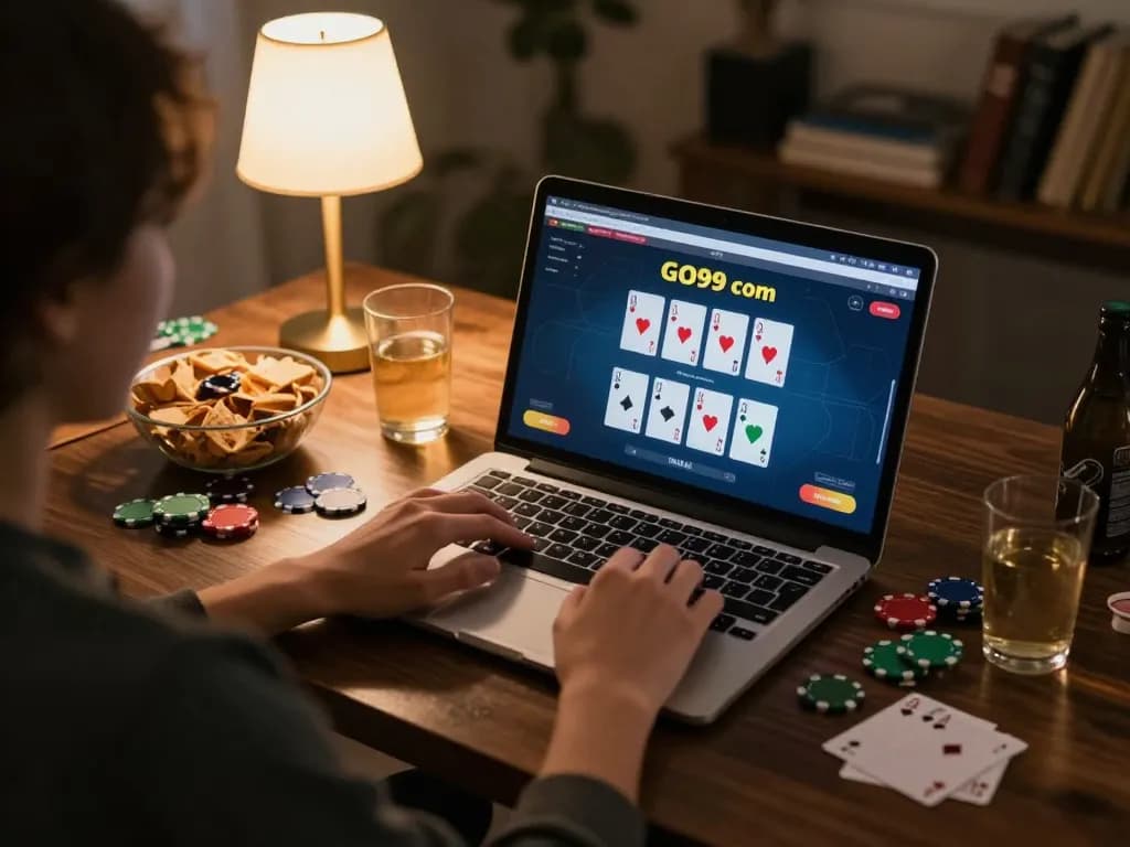 Engaging online poker gameplay on GO99 com in a cozy home setting, capturing the excitement and strategy involved