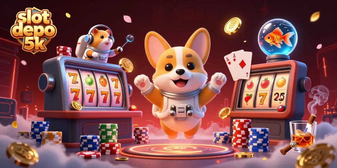 Spin and win at slot depo 5k with an astronaut corgi in a vibrant casino illustration.