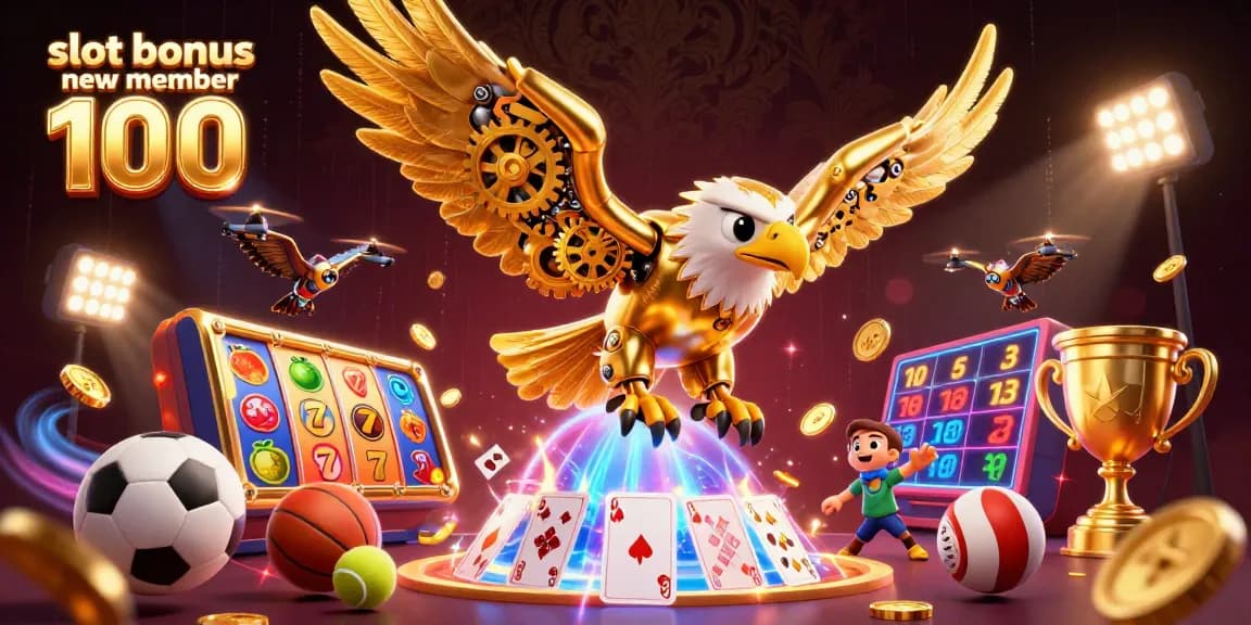 Engage with vibrant slot bonus new member 100 graphics in an energetic casino scene featuring golden eagle and dynamic gaming elements.