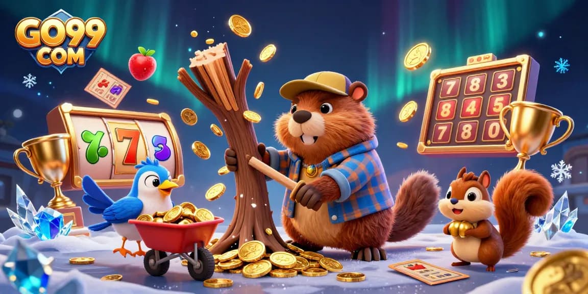 Engage with GO99 COM as a beaver character chops a tree scattering golden coins in a vibrant casino.