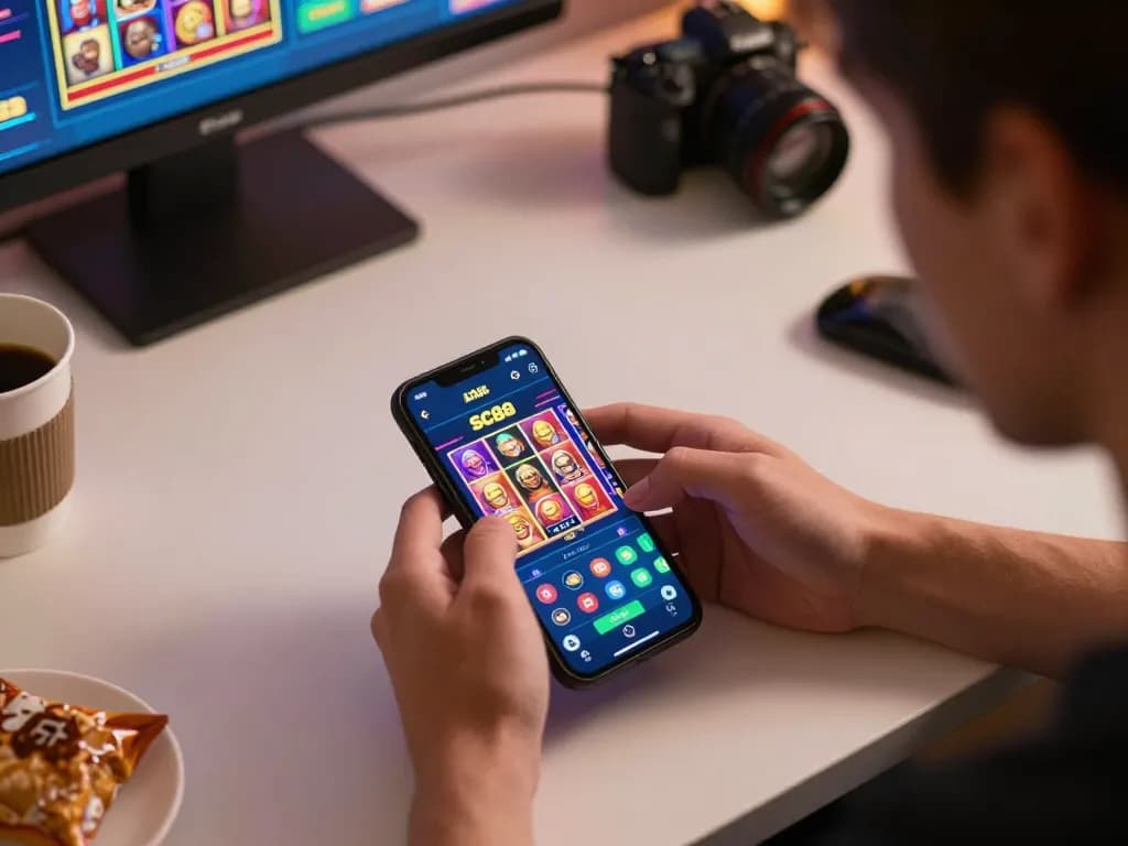 Player engaging with SC88 mobile app during online gambling session at home.