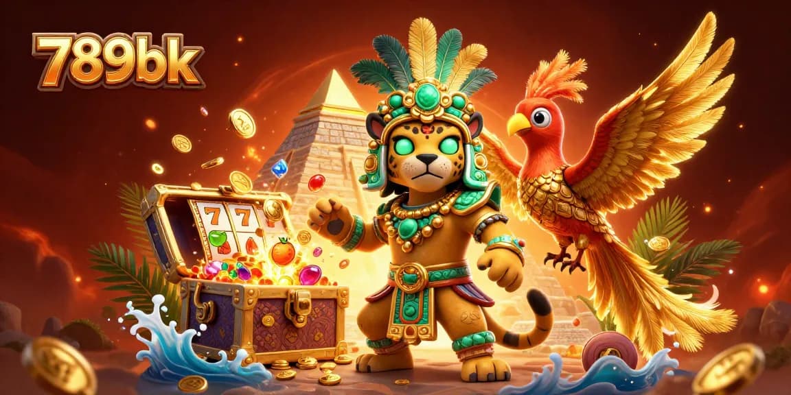 Spin winnings on 789bk, featuring a vibrant Mayan-themed 3D casino illustration packed with dynamic elements.