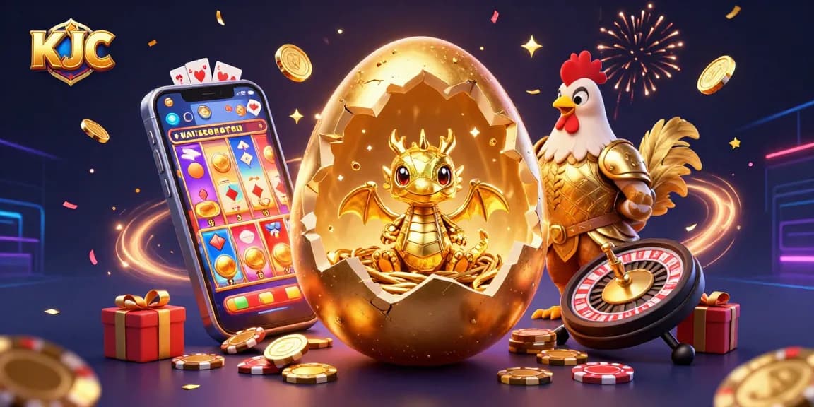 KJC's online gaming world unveiled with a golden dragon amidst poker chips and slot games.