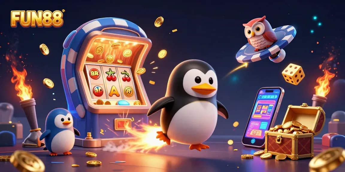 Experience the excitement of FUN88 with a dazzling 3D illustration featuring a jackpot-exploding slot machine and vibrant casino elements.