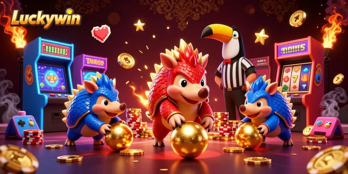 Experience thrilling gameplay with Luckywin as rival pangolins clash amidst vibrant casino elements.