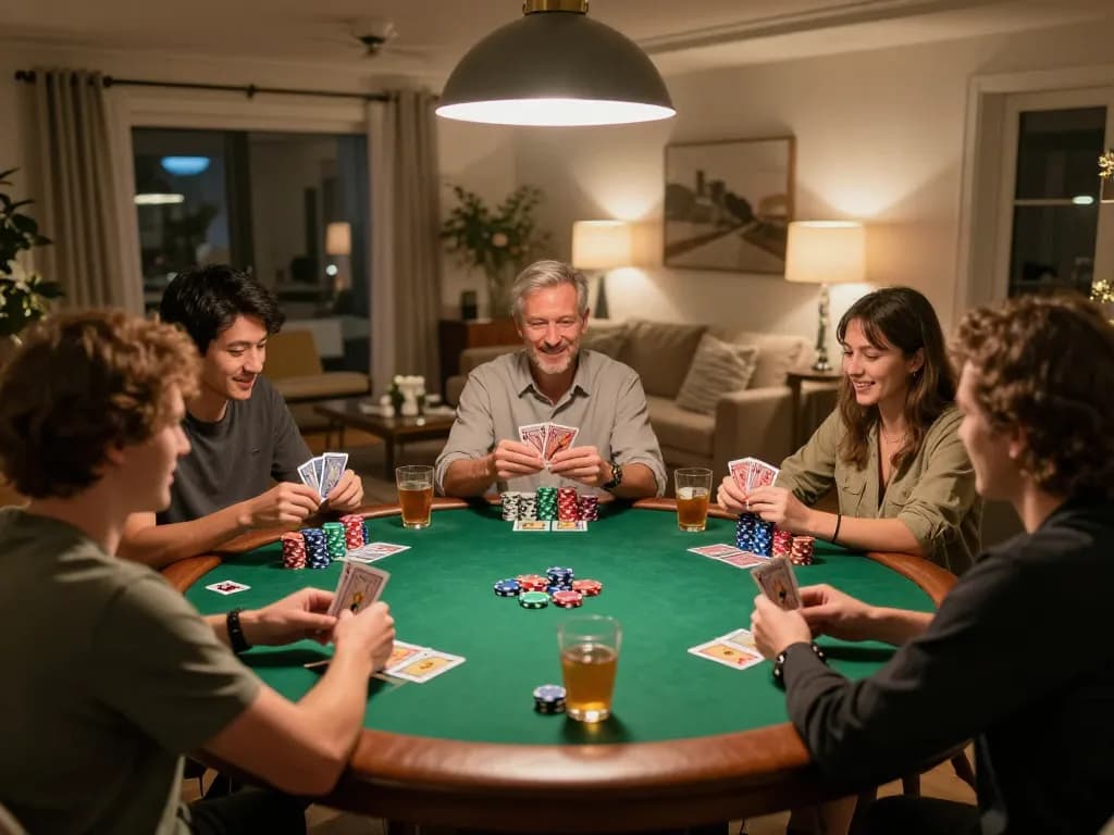 Spieler genießen ein aufregendes Poker-Spiel zu Hause und zeigen die Expertise von Immobilienmakler Frankfurt Dornbusch in strategischen Entscheidungen.