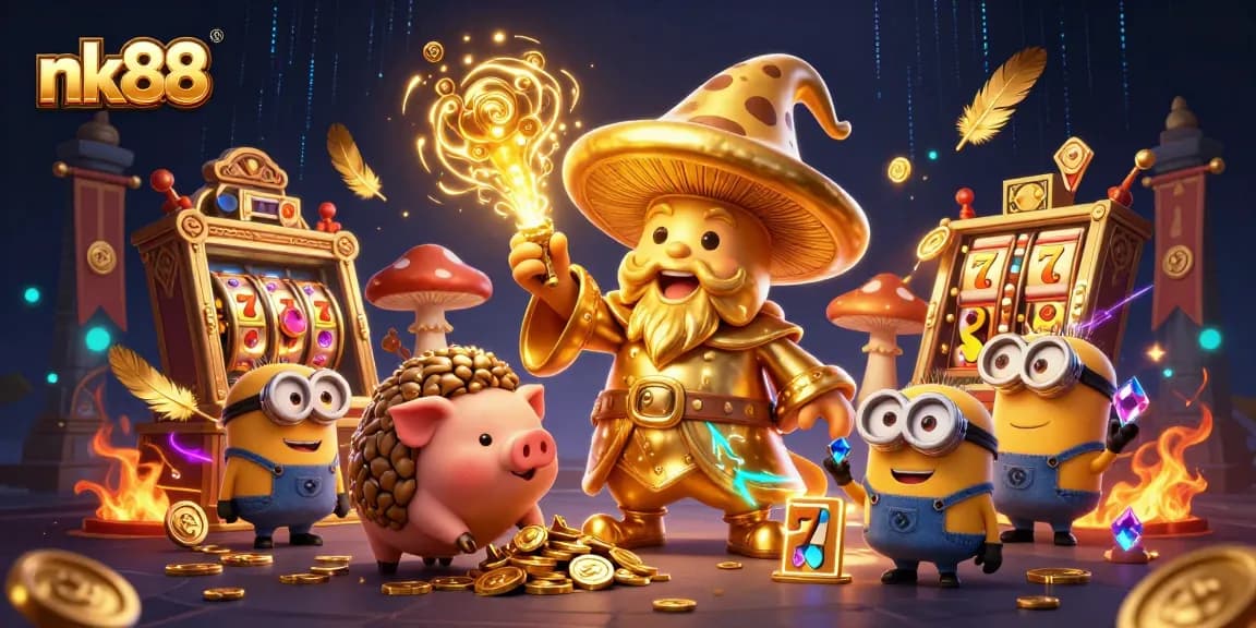 Spin the reels at nk88 with a golden mushroom wizard and treasure-hunting pig in a vibrant casino scene.