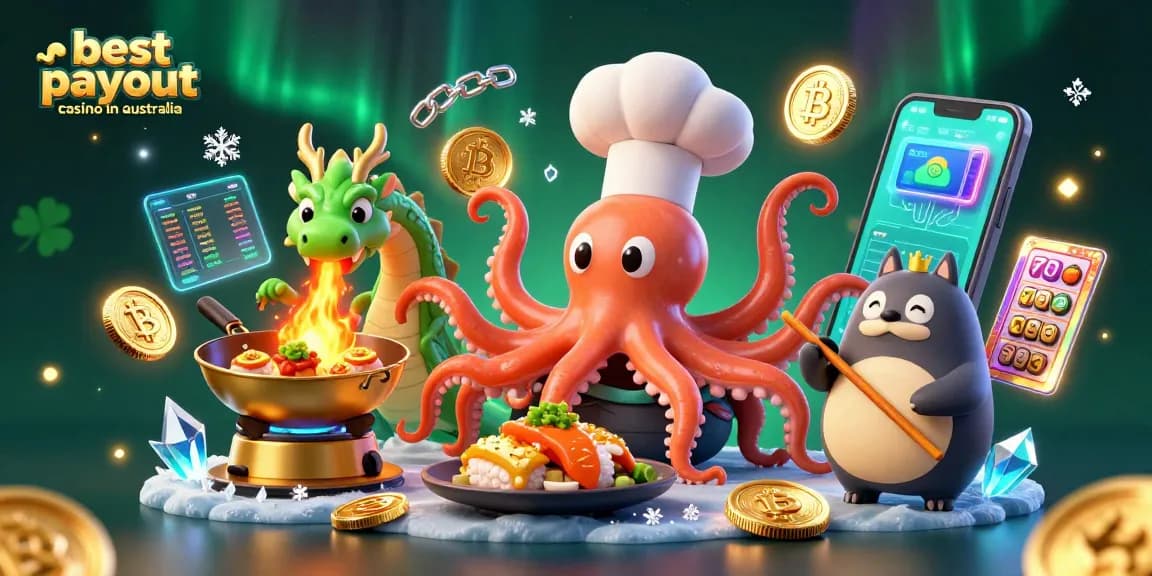Experience the best payout casino in Australia through a vibrant 3D scene featuring an octopus chef and a thrilling gaming atmosphere.