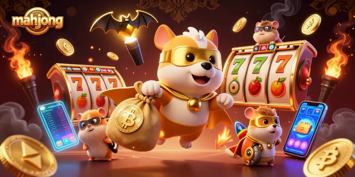 Experience the thrill of mahjong slots with a dynamic illustration of a superhero dog and hamster in a lively casino scene.