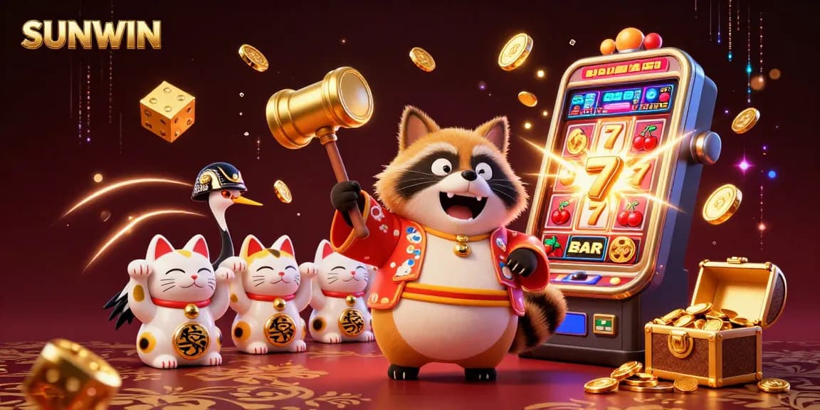 Engage with SUNWIN's vibrant casino world, featuring animated characters, slot machine jackpots, and colorful casino games.