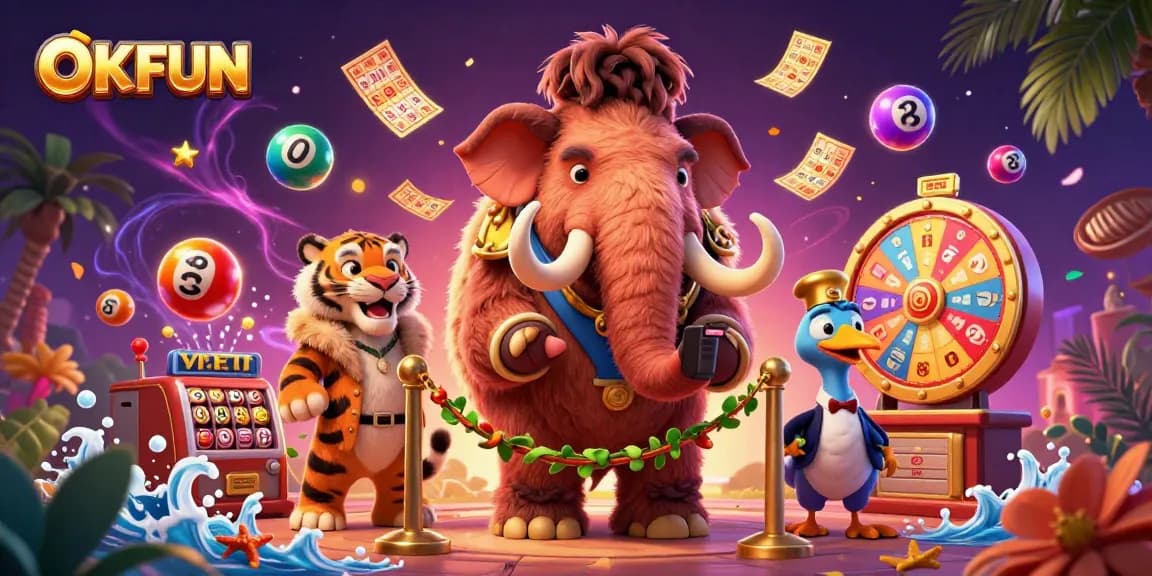 OKFUN's card game adventure welcomes players with a vibrant casino scene featuring playful characters.